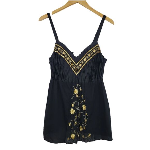 Venezia Babydoll Top Size 16 Black Gold Sequin Floral Embroidered Fairy Romantic - Picture 1 of 6